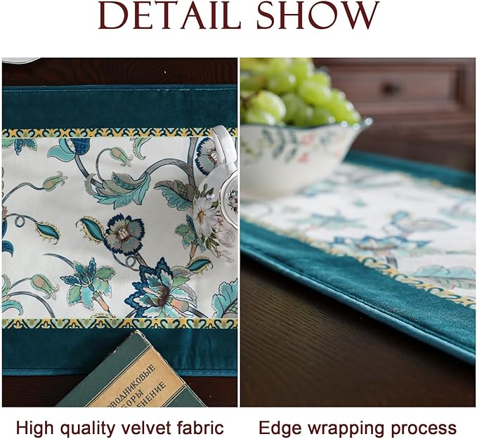 patdrea Designer Elegant French Floral Extra Long Velvet Table Runner, Teal Blossoms Pattern Table Mat, Decoration for Kitchen Dining Coffee Table Shelf Cabinet Banquet Thanksgiving,12"*118"