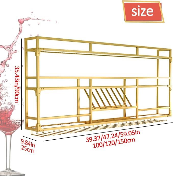 Wall Mounted Wine Rack, Floating Industrial Liquor Glass Holder 3 Tiers, Large Metal Wine Bottle Display Rack Hanging Shelf, for Home Bar Dining Room Decorative (Gold-B, 39.37x35.43x9.84in)