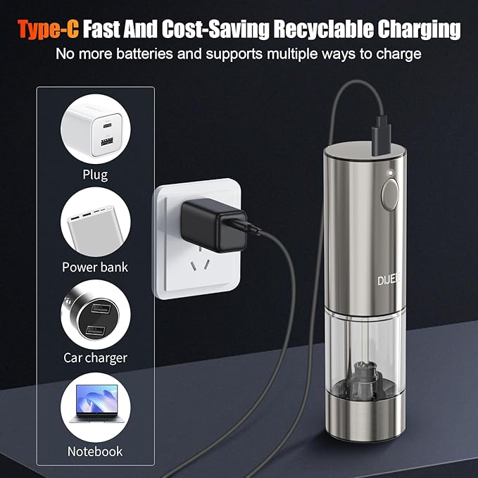 Rechargeable Pepper Grinder Mill Electric Rechargeable Usb Type-C Salt and Pepper Grinder Set Automatic Large Capacity Automatic Salt Pepper Mill Grinder with LED Light for Kitchen, 1 Pack