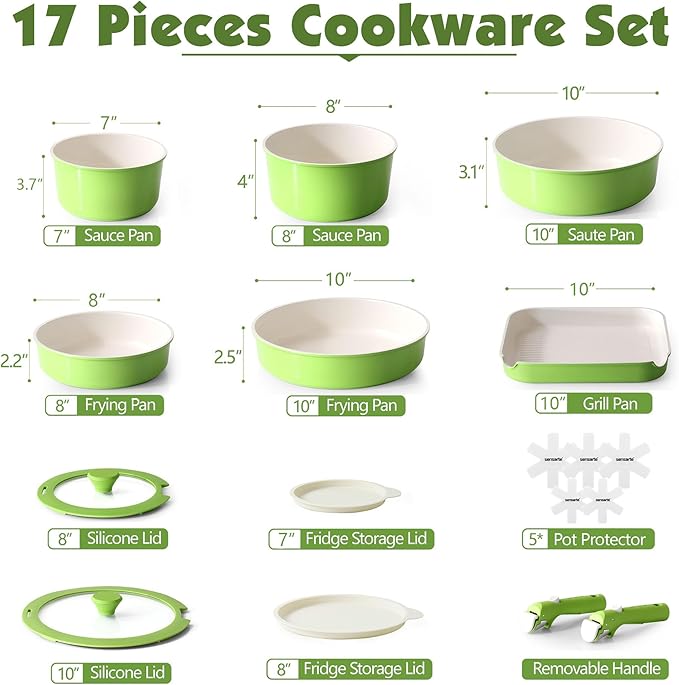 SENSARTE 17 Piece Ceramic Pots and Pans Set, Nonstick Detachable Handle Cookware, Induction Kitchen Cookware Set with Removable Handle, Dishwasher 竊?Oven Safe (Green)