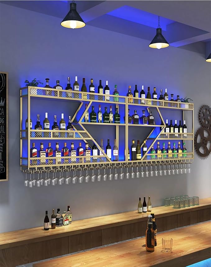 Modern Wall Mounted Wine Rack w/LED Light, Metal Wall Bar Shelves Wall Mounted w/Glass Holder, Large Liquor Shelf for Liquor Bottles for Home Bar & Dining Room(Gold-Blue Led, 59in/150cm)
