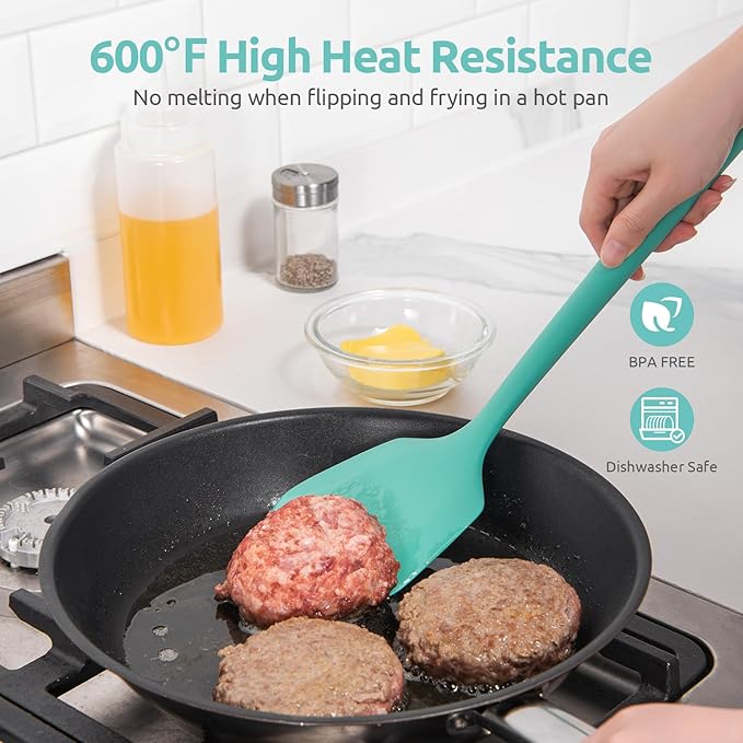 U-Taste 600쨘F Heat Resistant Silicone Turners: 13.6in Long Solid & Slotted Kitchen Spatula Flipper, Wide and Large Flexible Cooking Utensil for Flipping Egg, Pancake, Cookie (Aqua Sky, 2PCS)