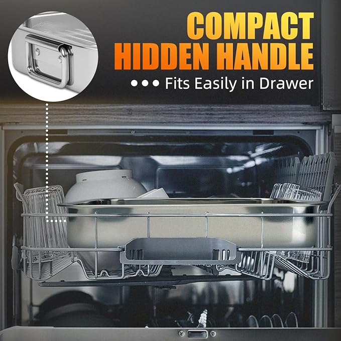 Stainless Steel Turkey Roasting Pan with Rack & Handles, Heavy Duty Food-Safe Turkey Pan Dishwasher Safe, Perfect for Cooking Turkey and Steak for Thanksgiving and Christmas (Extra Size)