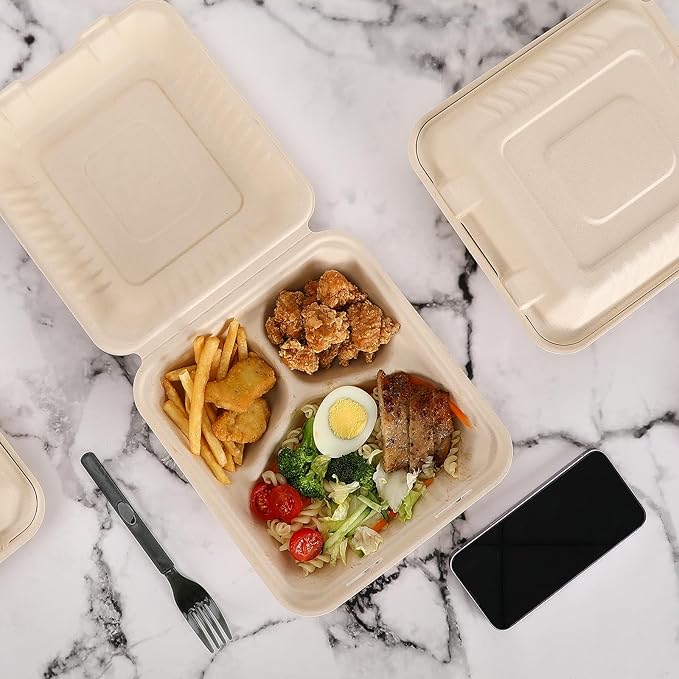 Aricsen 50 Pack 3 Compartment Compostable 8x9 Inch Takeout Lunch Box Containers with Lid To Go Take Out Clamshell for Food, Disposable Eco-Friendly Biodegradable Bagasse, PFAS-Free, Brown