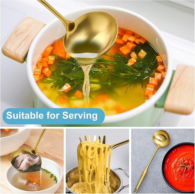 Gold Soup Ladle - Stainless Steel Ladle Spoon, 13.8"Large Soup Spoons [Integral Forming, Heat Resistance] Kitchen Metal Ladel for Cooking, Serving, Stirring, Canning竊똕auce, Wok & Soup, Christmas Gifts