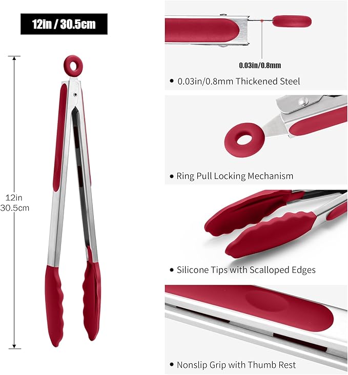 Doosu Kitchen Tongs for Cooking - 600째F Heat Resistant Food Tong with Non-Scratch Silicone Tips, Heavy Duty Stainless Steel Locking Tong for BBQ, Grilling Steak, Serving Salad, Pasta (12in, Red)