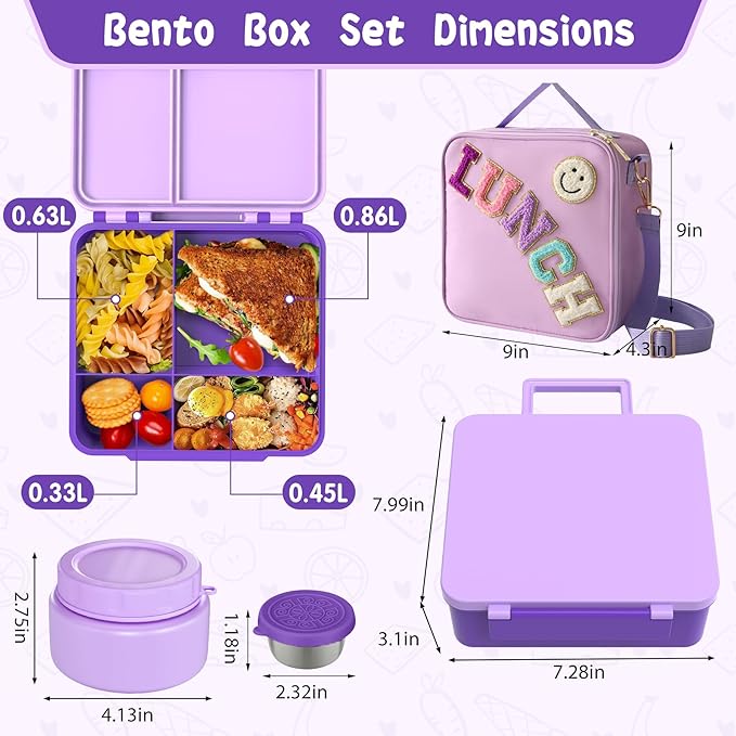 Aimsnk Kids Bento Lunch Box with 8oz Soup Thermo, Kids Leakproof Lunch Food Containers with 4 Compartment,Insulated Hot Food Jar with Lunch Bag for School, Travel (Purple)