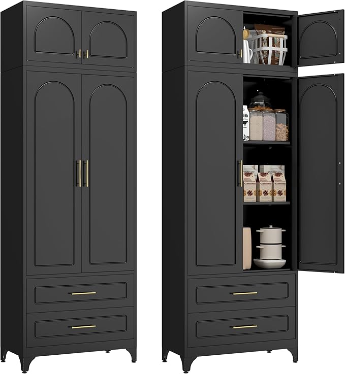 Kitchen Pantry Cabinet with 2 Drawers, 90" Tall Metal Storage Cabinets with Doors and Shelves, Food Cupboards for Dining, Living Room, 16" D x 32" W x 90" H, Black, Assembly Required