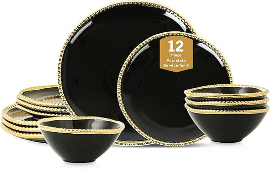 Christian Siriano Akoya Porcelain Dinnerware Set, 12-Piece - Dish Set for 4, Plates and Bowls Set, Black and Gold