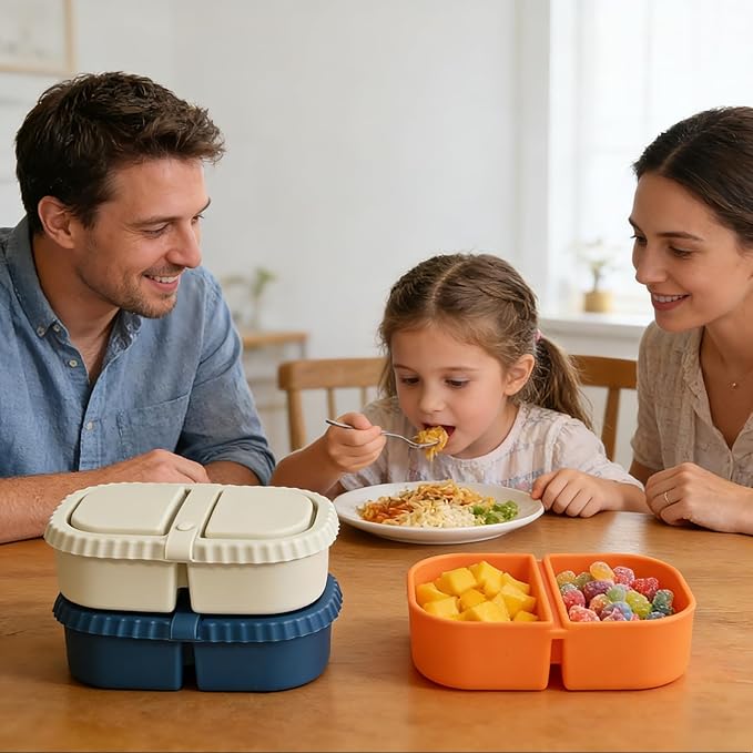 3 Reusable Silicone Food Containers (2 Compartments): Leak Proof, Microwave/Dishwasher Safe. Very Suitable For Snacking, Dipping Sauce, Cooking, Outdoor, Office or Home Use