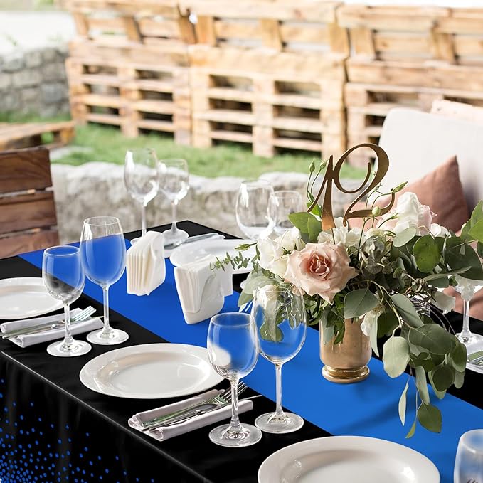 MASHAN 3Pcs Black and Blue Tablecloth Party Decorations,Plastic Black Table Cloth Printed Blue Table Runner Disposable Rectangle Cover for Birthday Wedding Anniversary Graduation Party,54 x108 Inch