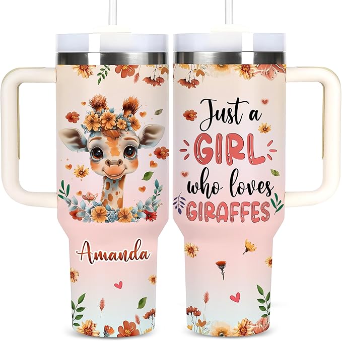 AGGLOMEKC Personalized Cute Giraffes Cup - Mother's Day Birthday Gift For Animal Lovers - Just A Girl Who Loves Giraffes Tumbler 40oz With Custom Name - Pet Lover Gifts For Women, Her