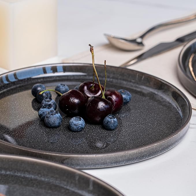 Stoneware Dinnerware Sets, Plates and Bowls Set for 4, 12-Piece Modern Stoneware Dinnerware ??Chip Resistant, Non-Toxic, Dishwasher and Microwave Safe Tableware竊똆lossy Black