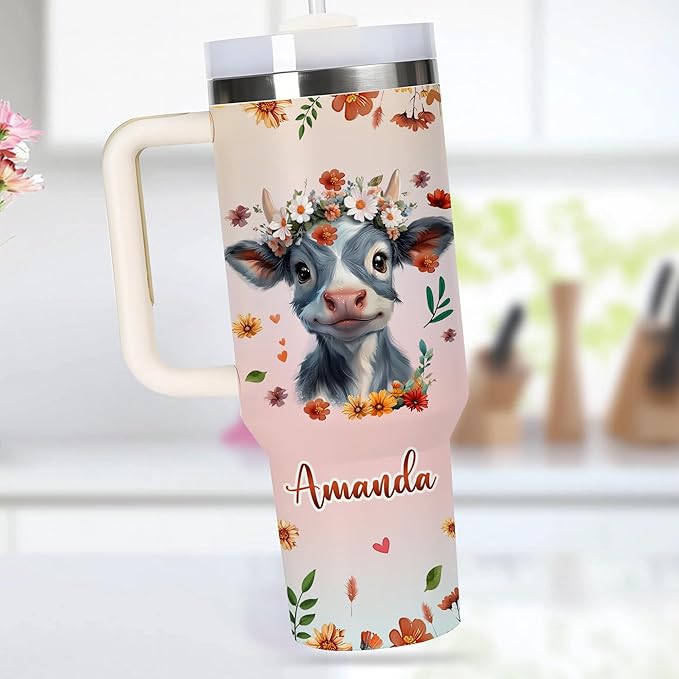 AGGLOMEKC Personalized Cute Cow Cup - Mother's Day Birthday Gift For Animal Lovers - Just A Girl Who Loves Highland Cows Tumbler 40oz With Custom Name - Pet Lover Gifts For Women, Her