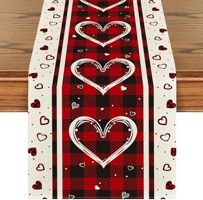 Artoid Mode Buffalo Plaid Love Hearts Valentine's Day Table Runner, Seasonal Kitchen Dining Table Decoration for Indoor Home Party 13x108 Inch