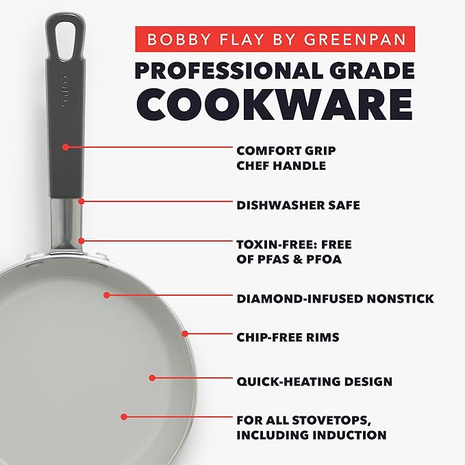 GreenPan x Bobby Flay 2 Piece- 8??and 10??Nonstick Frying Pan Skillet Set, PFAS-Free Diamond Ceramic, Induction Suitable, Stay-Cool Silicone Handle, Easy Clean Dishwasher & Oven Safe, Graphite