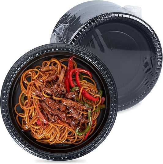 Disposable Plates Mineral Filled PP 9 Inch - 150 Pack Shrink Wrap BPA Free Party Trays | Reusable Dishwasher Freezer & Microwave Safe | Heavy Duty Black Plastic Plate for Party Bulk Catering