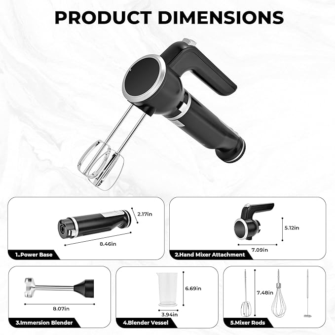 Pukomc Hand Mixer,5-in-1 Multifunctional Portable Charging Device Hand Blender,with lmmersion Blender and Beater,Whisk,Milkshake Bars,Blender Vessel,Easy to Clean,Black