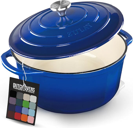 Zulay Kitchen 6 Quart Enameled Cast Iron Dutch Oven Pot with Lid ??Premium Durability & Oven Safe up to 500째F ??Heavy Duty Cookware Perfect for Bread Baking, Stews, Braising & Roasting ??Blue