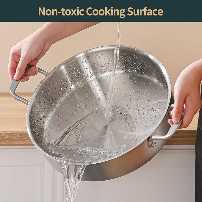 13-inch 8QT Tri-Ply Stainless Steel Saut챕 Pan | Large Deep Skillet with Lid | Even Heating+Jumbo Surface | Flared Edge Transfer | Non-Toxic 650째F Oven Safe