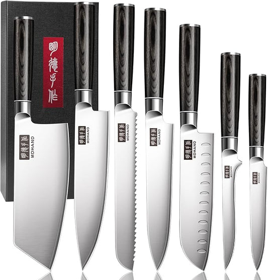 MDHAND Knife Set, 7PCS Professional Japanese Kitchen Knife Set, High Carbon Stainless Steel Chef Knife Sets - Pakkawood Handle for Professional Chef, Cooking, Cutting, Dishwasher Safe, Elegant Box