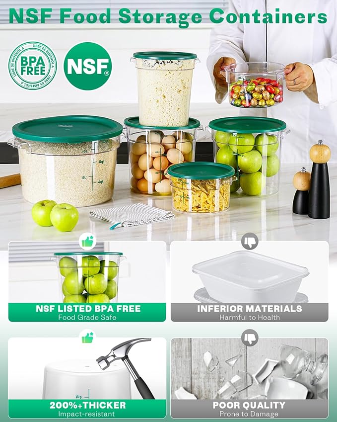 2QT NSF Round Food Storage Containers with Lids: 4 PCS [Total Food Grade][Hot&Cold Resistant] Dough Proofing Container for Pizza, Bread with Measuring Spoons Included(BPA FREE) (GREEN)