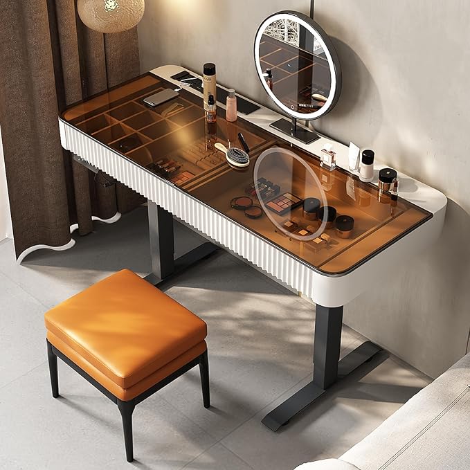 Lartis Vanity Table with Stool,Electric Lift Vanity Desk,Vanity Set竊똗p and Down Desk, Standing Vanity with Drawer (Ivory White, 50 in)
