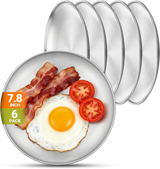 6 Stainless Steel Plates, 7.8 inch Small 201 Metal Camping Plate, Reusable Food Serving Dishes Snack Eating Round Shatterproof Brushed Finish Silver Dish for Dinner Oven Dishwasher Safe