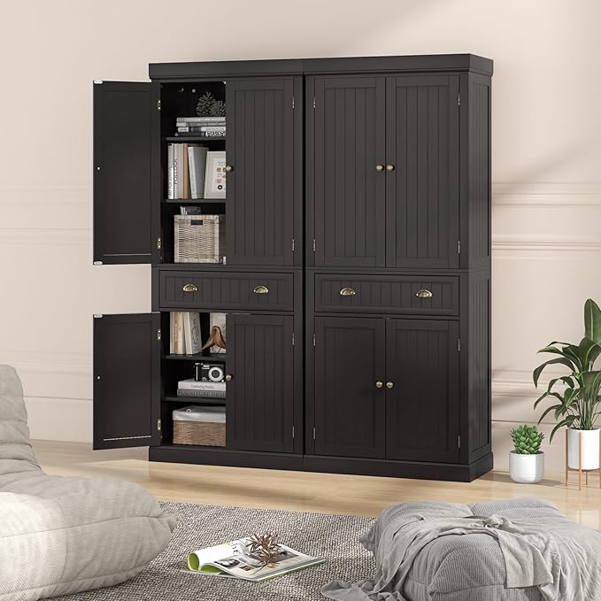 Tangkula 72" H Kitchen Pantry Cupboard Cabinet, Traditional Freestanding Large Tall Storage Cabinet with 2 Cabinets and Drawer, Adjustable Shelves, for Living Room Kitchen, 30 x 16 x 72 Inch