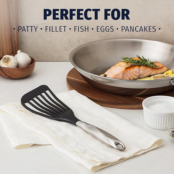 Zulay Kitchen Stainless Steel Fish Spatula - 12.8??Flexible Slotted Turner for Cooking & Frying - Ergonomic Handle, Non-Stick Safe & Dishwasher Safe Kitchen Utensil for Everyday Use