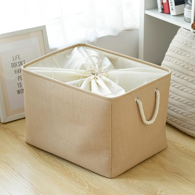 TheWarmHome Storage Bin for Shevles - Extra Jumbo 3Pack 20.5L횞15.7W횞13.8H inch Organization and Storage Basket for Organizing, Fabric Storage Cubes for Closet Shoe Linen Decorative (Beige)