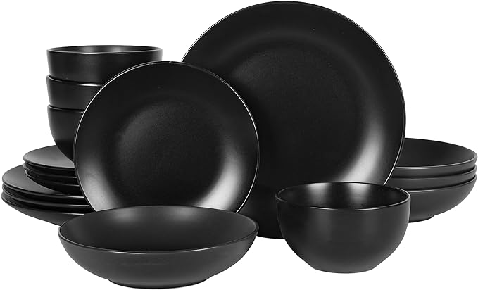 Gibson Home Queenslane 16-Piece Matte Black Stoneware Dinnerware Set ??Double Bowl Plates and Bowls, Durable Kitchen Dinner Set