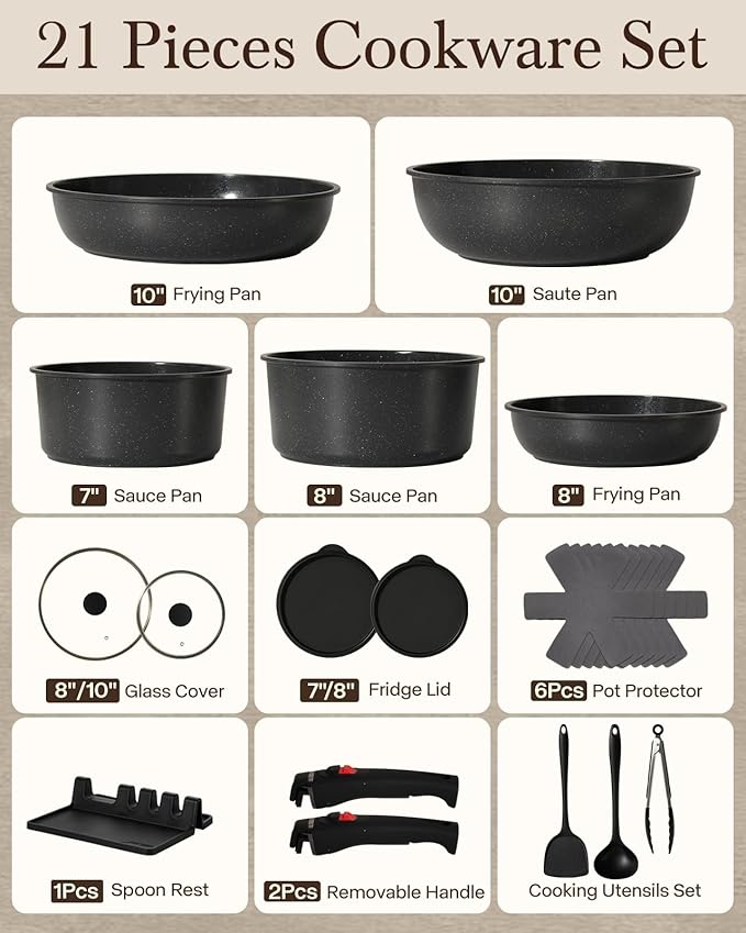21Pcs Ceramic Pots and Pans Set Non Stick, Kitchen Cookware Set with Detachable Handles, Non Toxic Healthy Cooking Set, Induction Dishwasher Oven Safe, PTFE PFOA PFOS Free, Black