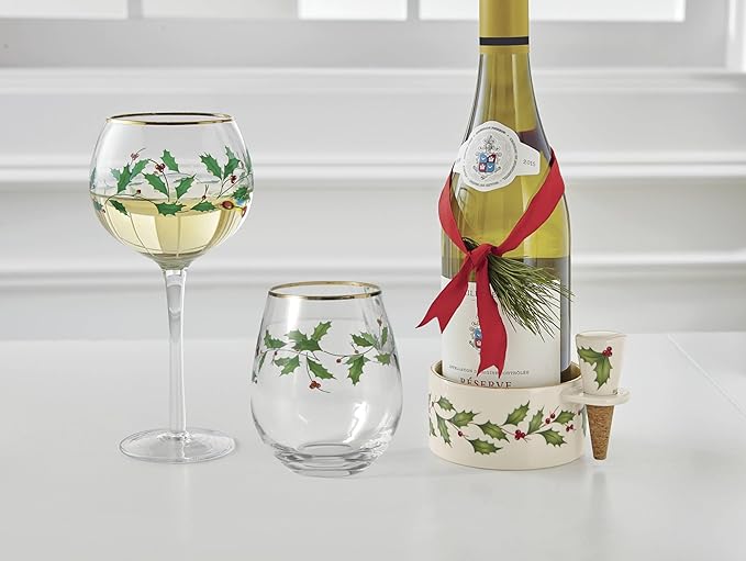 Lenox Drinkware, Holiday 4-Piece Wine Balloon Glass Set, Set Of 4, 14 Fl Oz Capacity, Made From Glass, Festive Red Christmas Design, Hand Wash Only, Christmas Decorations, Winter Decor (4 Piece)