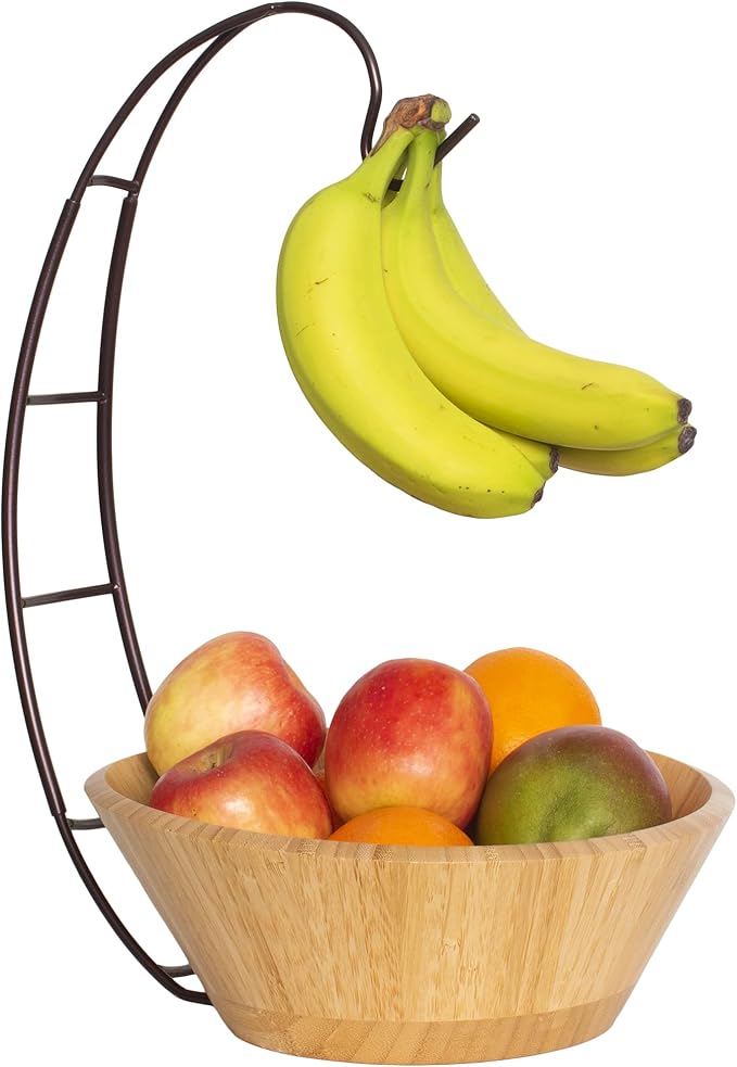 Totally Bamboo Fruit Basket Bowl with Banana Holder Hanging Hook, Bamboo Wood Fruit Bowl for Kitchen Counter