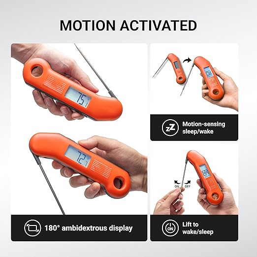 Professional Meat Thermometer Digital, Ultra-Fast 0.5 Sec Instant Read, NIST Certified 짹0.5째F Accuracy, IP67 Waterproof, Auto-Rotating Backlit Display, Lift-to-Wake, for BBQ/Candy, Orange&Gray