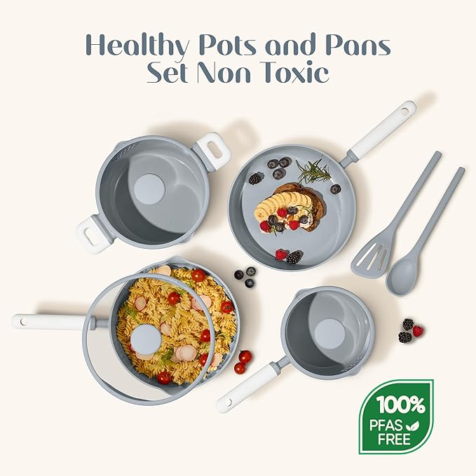 CAROTE Pots and Pans Set Nonstick, Ceramic Cookware Set, Blue Cooking Set Kitchen Induction Set with Steamer, PFAS PTFE Free,9 Piece