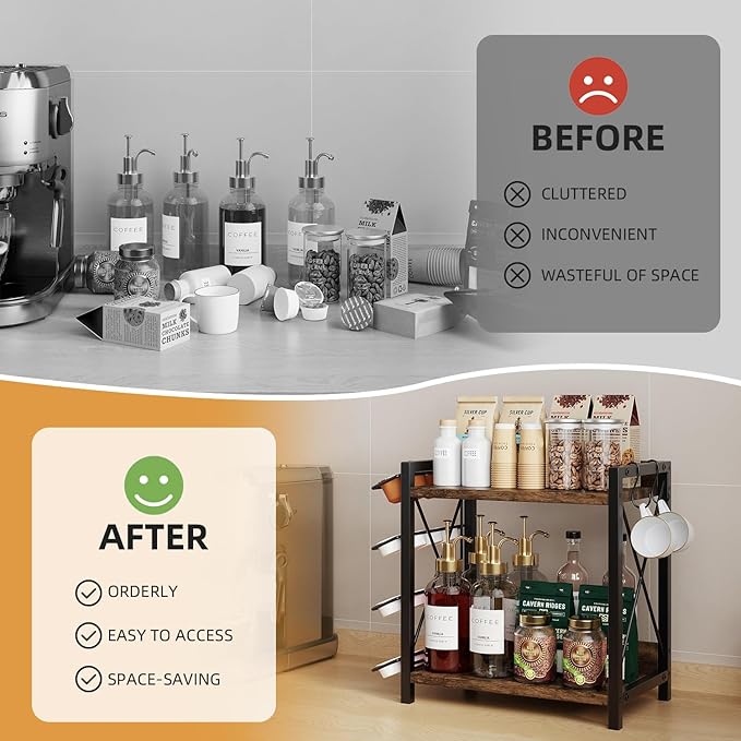 Coffee Bar Shelf Accessories Organzier for Countertop with K Cups Holder, 2 Tier Coffee Stand Station Organizer for Countertop with 2 Hooks(Black)
