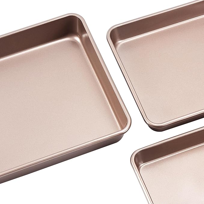 CAMOFOXIN Nonstick Roasting Pan, Deep Baking Pan Set, Large Cake Pan Sets for Oven, 3-Piece Brownie Pan （Gold）