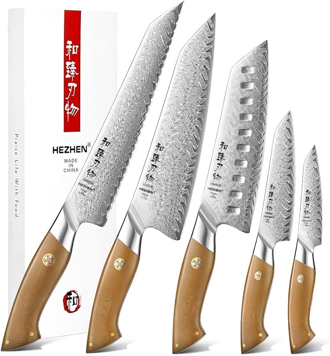 HEZHEN Chef Knife Set, 5 Pieces, 67 Layers Damascus Steel Kitchen Knife Set, ltra-sharp Blade, Professional Knife Sets for Chefs and Home Cooking, Linen Micarta Handle, Gift Packing