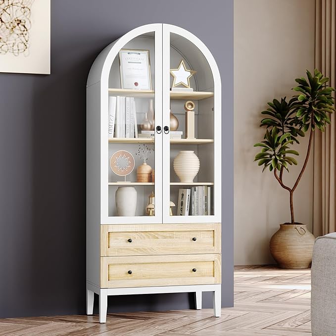 HLR 71" Tall Arched Storage Cabinet, Modern Farmhouse Kitchen Pantry Cabinet with Glass Doors and 2 Drawers, Versatile Display Cabinet for Kitchen, Dining Room, Living Room