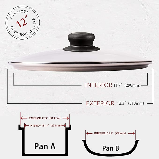 12 Inch Glass Lid for Frying Pan, Pan Lid, Skillet, Pot Cover, Compatible with Lodge Cast Iron Skillet -12" Pan Lids with Heat-Resistant Handle, Clear