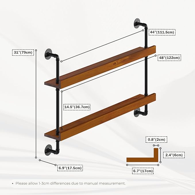 Industrial Wine Rack Wall Mounted, Solid Wood Shelf with Metal Pipe Brackets, 2-Tier Rustic Hanging Organizer for Wine Bottle Storage in Kitchen, Bar, Pub, Cellar(Walnut Brown, 48 Inch)