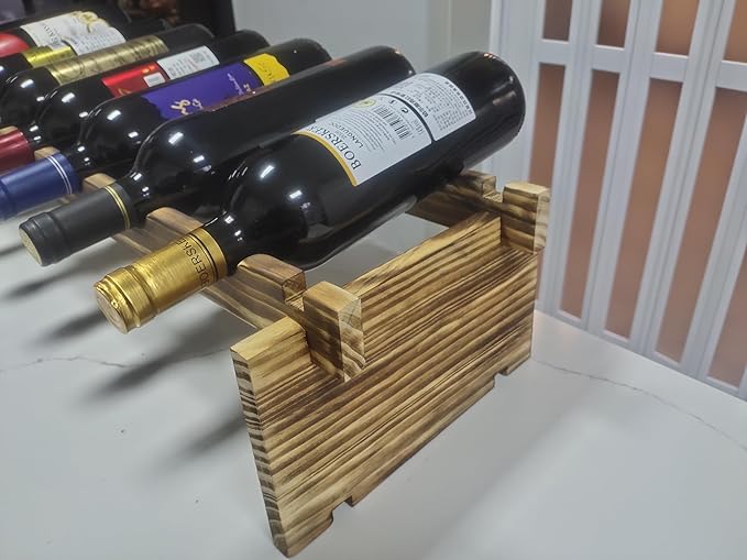 Carbonized Pine Wood Wine Rack - 1-Tier Wine Storage, Holds 8 Bottles, Freestanding Wine Organizer for Home Bar, Kitchen, Living Room, Stylish & Durable