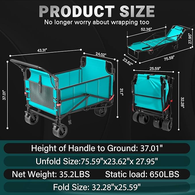 LEVELEVE Heavy Duty Folding Wagon - 2-in-1 Collapsible Cart, 650lb Capacity, All-Terrain Wheels w/Brakes & Side Pockets (Sky Blue)
