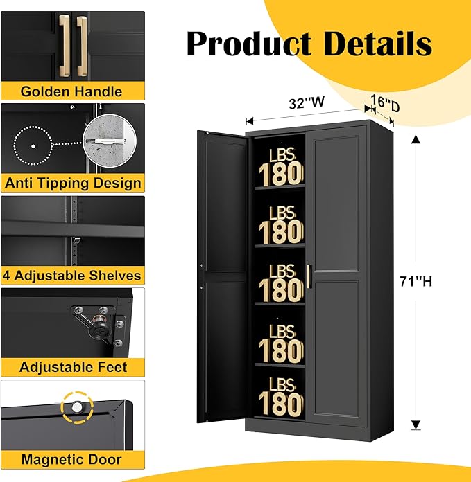 Kitchen Pantry Cabinet,71?쒫lack Metal Pantry Storage Cabinet with Doors and 4 Adjustable Shelves,Kitchen Cabinet with 2 Gold Handles,Tall Cabinet for Livingroom,Pantry, Bathroom