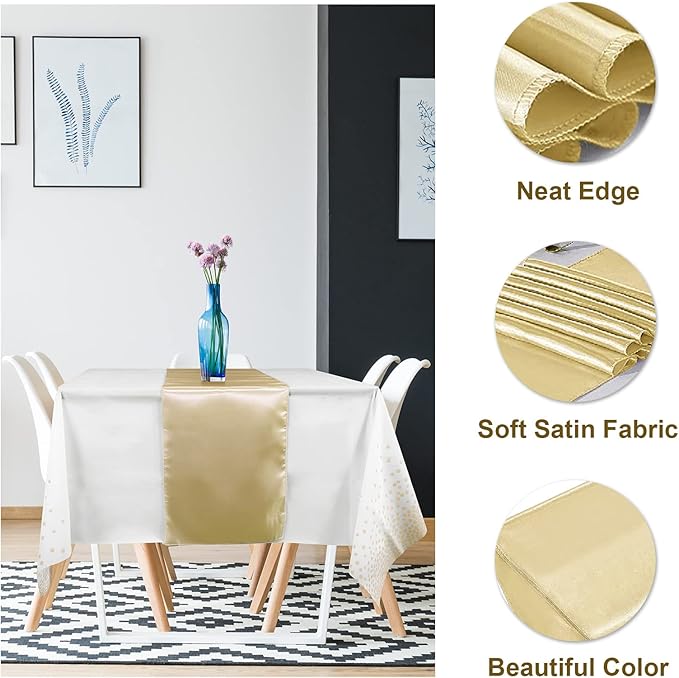 16Pack Disposable Plastic Tablecloths and Satin Table Runner Set White and Gold Dot Tablecloth Gold Satin Table Runner for Wedding Birthday Baby Shower Anniversary Christmas New Year Party Decorations