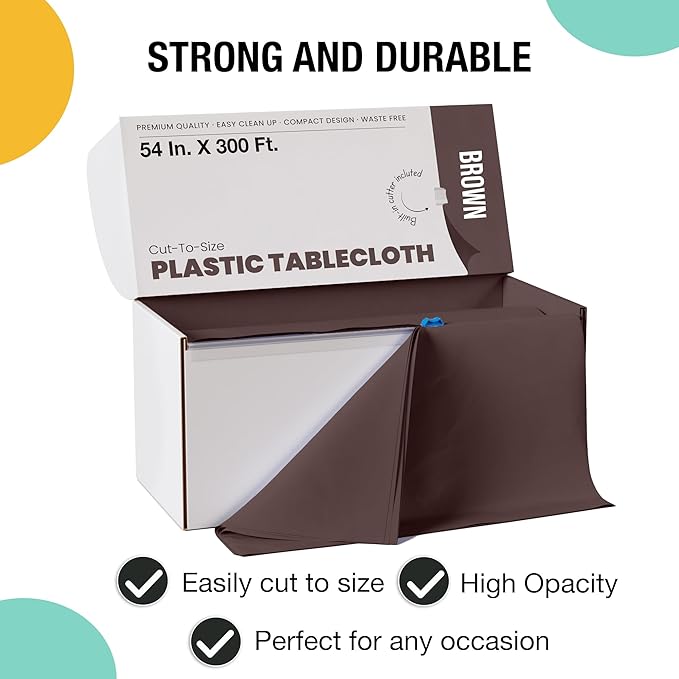 Party Solids 54 Inch X 300 Feet Brown Plastic Table Cover Roll in A Cut - to - Size Box with Convenient Slide Cutter. Cuts Up to 36 Rectangle 8 Feet Plastic Disposable Tablecloths