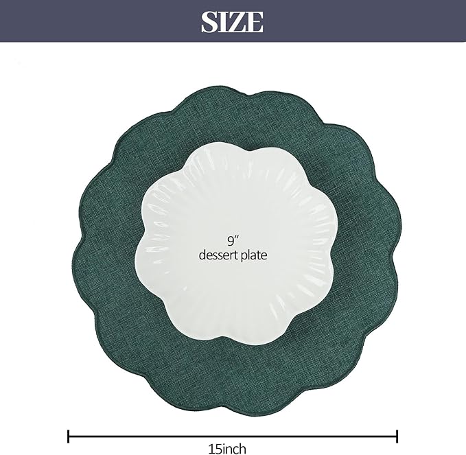 AHHFSMEI Round Faux Linen Placemats Set of 6 Waterproof Table Mats Heat Resistant Non-Slip and Stain Proof for Kitchen Dining Elegant Decor (Forest Green,6)