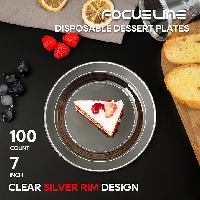 FOCUSLINE 100 Count Clear Silver Plastic Plates 7 Inch, Disposable Heavy Duty Clear Plates with Silver Rim, Premium Hard Plastic Plate Fancy Disposable Salad Dessert Plate for Wedding Parties